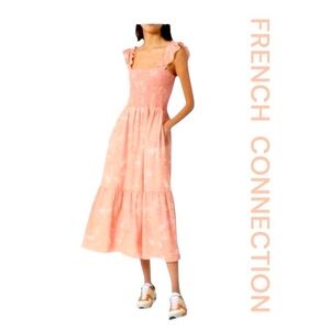 FRENCH CONNECTION Smocked Top Midi Dress With Ruffle Straps, Lined, Sizes S & M.